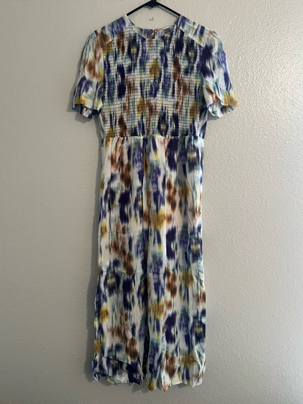 Smocked Midi Dress in Blue, Brown & Yellow Watercolor Print